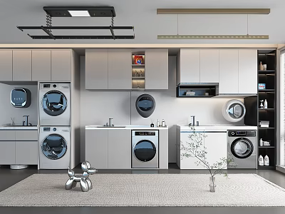 Modern Home Balcony Interior Design With Washing Machines Cabinets Sink And Storage 3d model