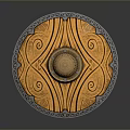 Ornate Round Shield With Golden Brown Surface And Silver Edged Spiral Center Design
