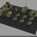 Minimalist Light Green Ceramic Tea Set with Teapot Teacups and Caddy on Dark Wood Tray