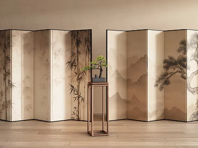 Traditional Chinese Folding Screens With Bamboo Mountain Tree Paintings And Bonsai 3d model