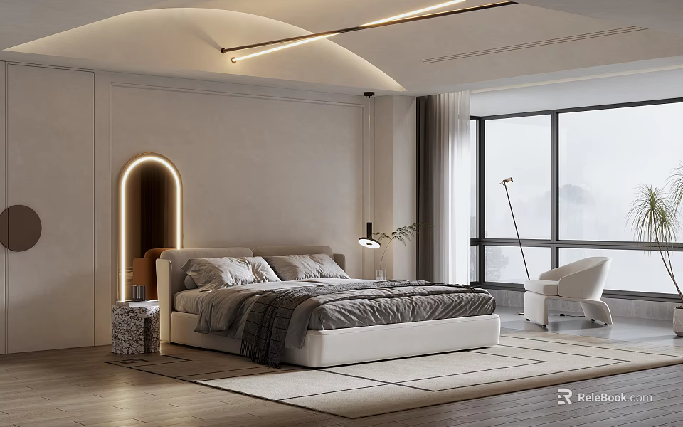 Modern Bedroom Interior With Arched Headboard Light Large Bed Floor Lamp And White Chair 3d model 