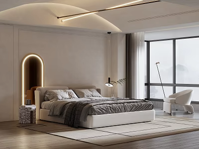 Modern Bedroom Interior With Arched Headboard Light Large Bed Floor Lamp And White Chair 3d model