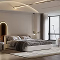 Modern Bedroom Interior With Arched Headboard Light Large Bed Floor Lamp And White Chair