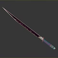 Sharp Long Knife Weapon With Black Blade And Silver Striped Handle On Reflective Surface 3d model