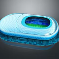 Modern Blue Stadium Architectural Design With Grid Exterior And Green Field