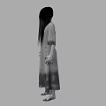 Horror Game Movie Character with Long Black Hair Gray Bloodstained Dress Back View