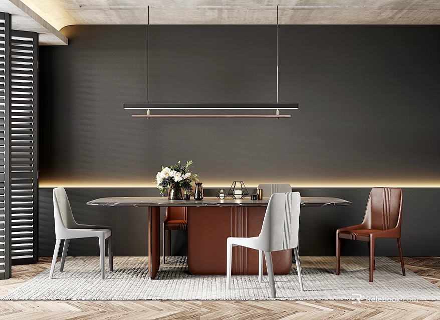 Modern Luxury Dining Set With Round Table Gray Brown Chairs Black Wall And Pendant Light 3d model 