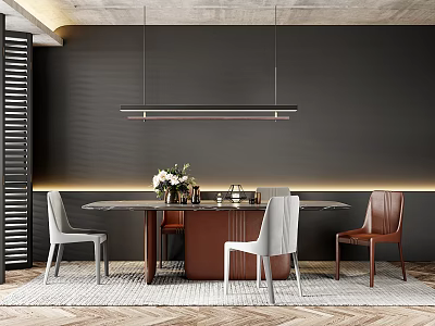 Modern Luxury Dining Set With Round Table Gray Brown Chairs Black Wall And Pendant Light 3d model