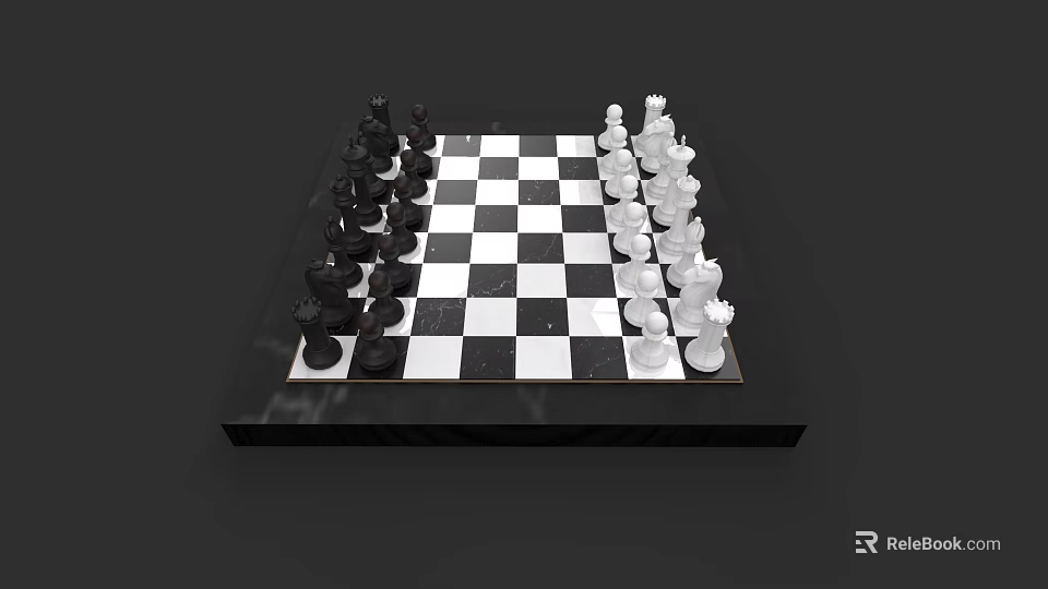 Classic Chessboard With Black White Checkered Design And White Black Chess Pieces On Marble Base 3d model 