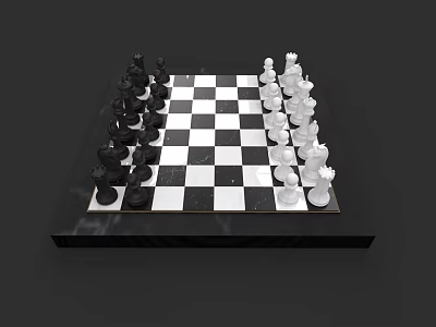 Classic Chessboard With Black White Checkered Design And White Black Chess Pieces On Marble Base 3d model