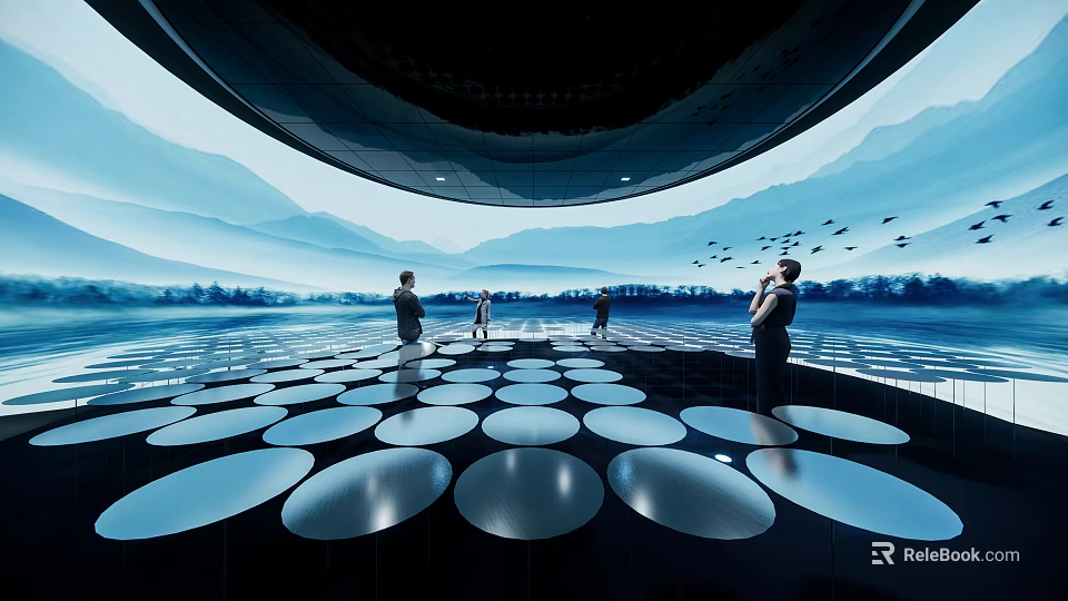 Modern Exhibition Hall with Circular Reflective Floor Design and People Visiting with Mountain Sky Background 3d model 