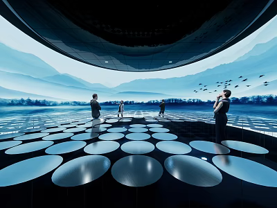 Modern Exhibition Hall with Circular Reflective Floor Design and People Visiting with Mountain Sky Background 3d model