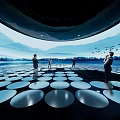 Modern Exhibition Hall with Circular Reflective Floor Design and People Visiting with Mountain Sky Background