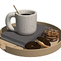 Speckled Ceramic Mug With Coffee And Wooden Spoon On Tray With Book Donuts Tied Cookies