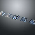 Cartoon Transparent Geometric Shapes With Different Designs And Blue White Details On Gray Background