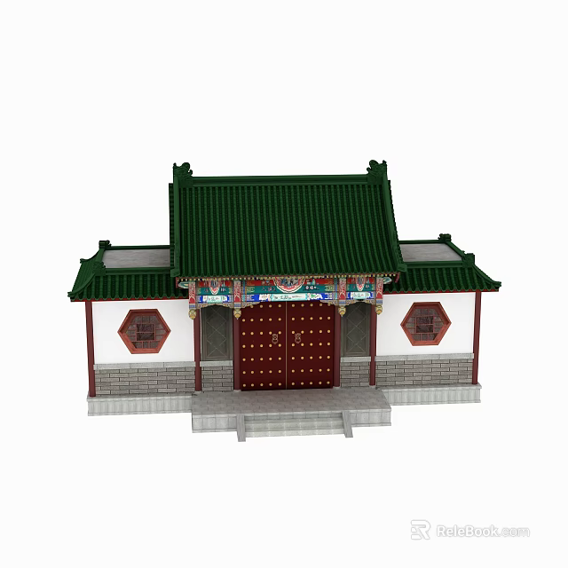 Traditional Chinese Building Exterior Featuring Green Roof Red Doors Hexagonal Windows and White Walls 3d model 