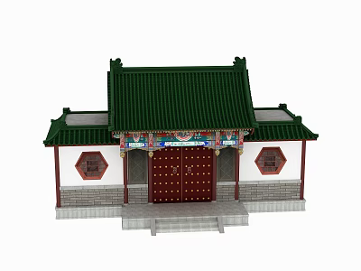 Traditional Chinese Building Exterior Featuring Green Roof Red Doors Hexagonal Windows and White Walls 3d model