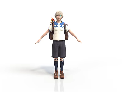Male Blonde Hair In Blue White Shirt Black Shorts Brown Backpack Arms Outstretched White Background 3d model