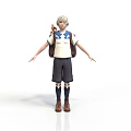 Male Blonde Hair In Blue White Shirt Black Shorts Brown Backpack Arms Outstretched White Background