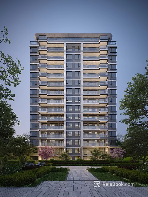 Modern High Rise Residential Building with Balconies Surrounded by Trees at Dusk 3d model 