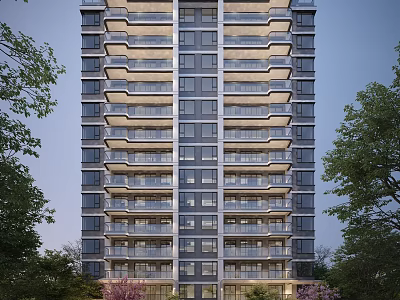 Modern High Rise Residential Building with Balconies Surrounded by Trees at Dusk 3d model