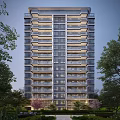 Modern High Rise Residential Building with Balconies Surrounded by Trees at Dusk