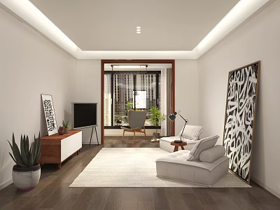 Bright Modern Living And Dining Room With Cozy Furniture Indoor Plants And Stylish Abstract Decorations 3d model