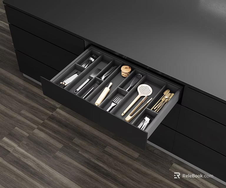 Black Drawer With Organized Cutlery And Kitchen Utensils On Wooden Floor 3d model 