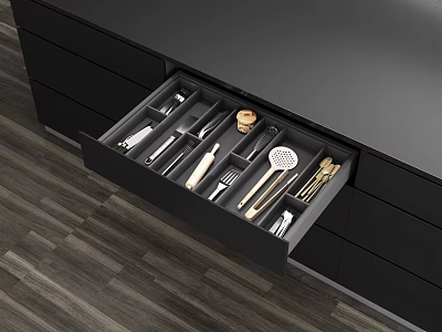 Black Drawer With Organized Cutlery And Kitchen Utensils On Wooden Floor 3d model