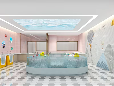Indoor Kids Swimming Pool with Blue Sky Ceiling Pink Walls Lockers and Rubber Duck Toys 3d model