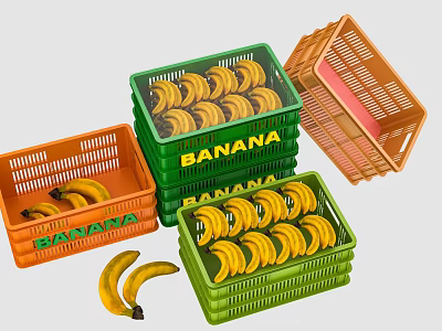 Colorful Decorative Set Featuring Bananas In Green And Orange Stacked Baskets 3d model