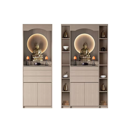 Elegant Wooden Shrine Cabinet With Buddha Statue Circular Light And Storage Shelves 3d model