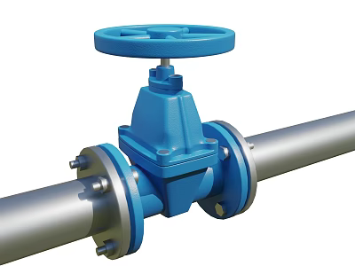 Silver Industrial Pipes With Blue Valve Connection And Flange Structure Detail 3d model