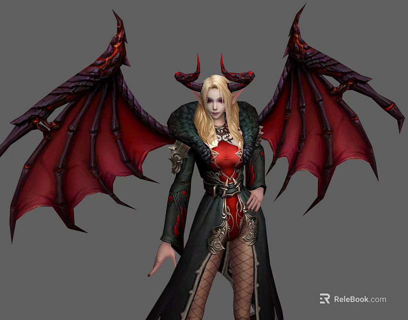 Game Movie Character Featuring Red Black Wings Horns Long Blonde Hair And Black Coat 3d model 