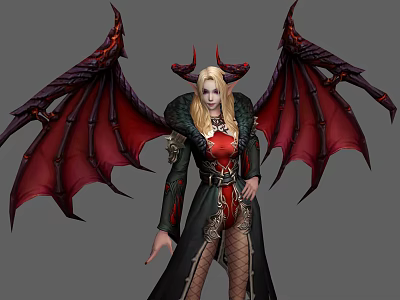 Game Movie Character Featuring Red Black Wings Horns Long Blonde Hair And Black Coat 3d model