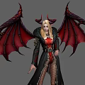 Game Movie Character Featuring Red Black Wings Horns Long Blonde Hair And Black Coat
