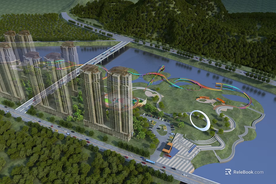 Aerial Planning of Urban Landscape With Tall Buildings River Bridge Green Park and Circular Structure 3d model 