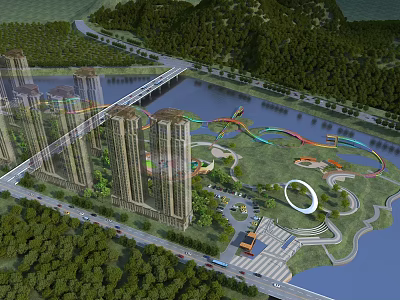 Aerial Planning of Urban Landscape With Tall Buildings River Bridge Green Park and Circular Structure 3d model