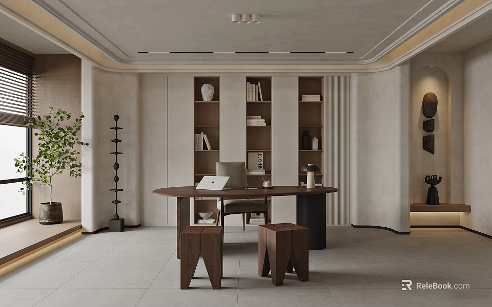 Modern Minimalist Study Room with Open Bookshelf Round Desk Stools and Green Plants 3d model 