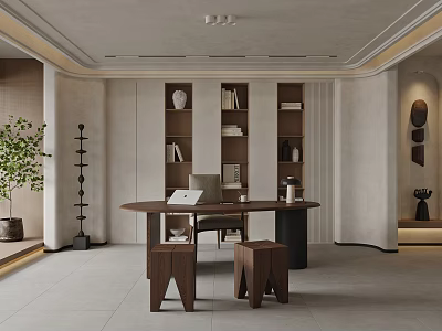 Modern Minimalist Study Room with Open Bookshelf Round Desk Stools and Green Plants 3d model