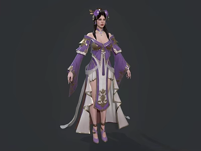 Graceful Fantasy Female Character In Purple White Traditional Robe With Gold Ornaments And Floral Hairpieces 3d model
