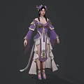 Graceful Fantasy Female Character In Purple White Traditional Robe With Gold Ornaments And Floral Hairpieces