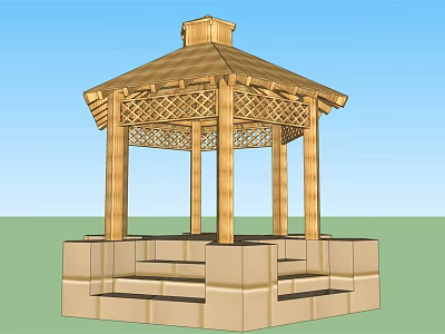 Wooden Hexagonal Pavilion Structure With Stone Base And Garden Steps 3d model