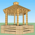 Wooden Hexagonal Pavilion Structure With Stone Base And Garden Steps