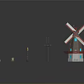 Red White Bladed Windmill With Billboard Traffic Light And Bench As Scenic Components