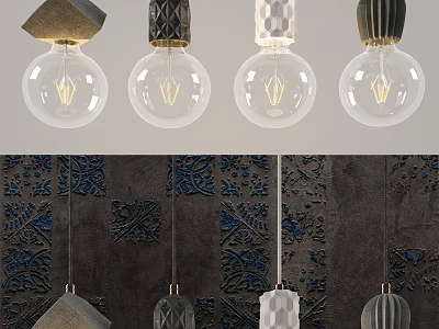 Modern Textured Pendant Lights With Geometric Shades Clear Glass Bulbs Against Dark Floral Wall 3d model