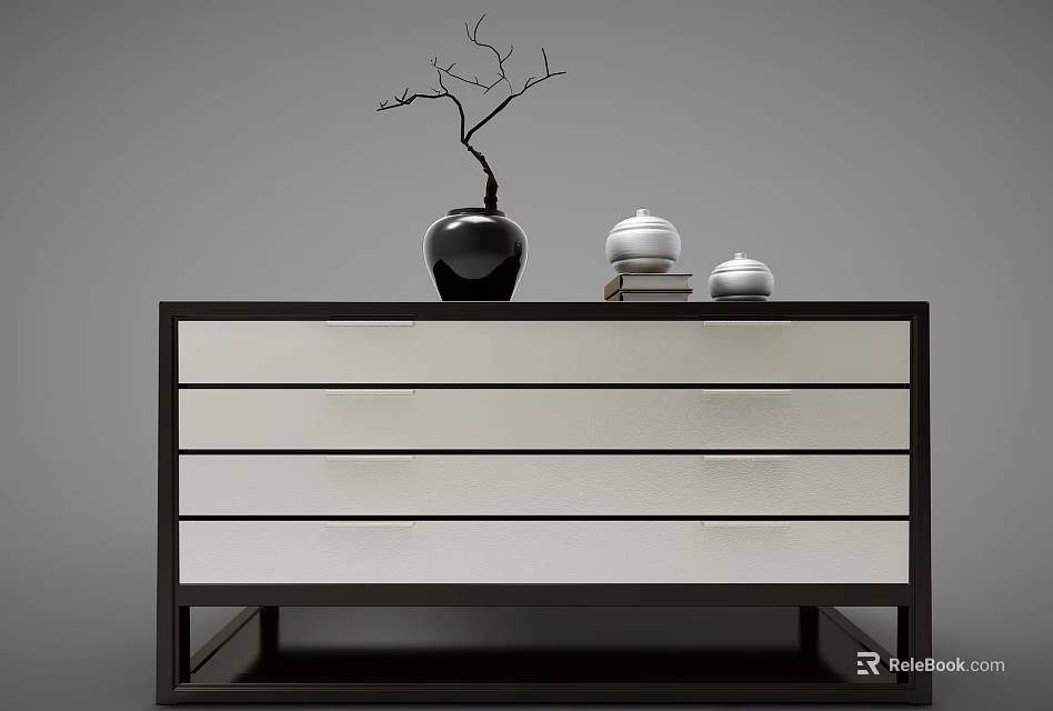 Modern Decorative Cabinet with Drawer Design Black Vase Branch and White Jars 3d model 