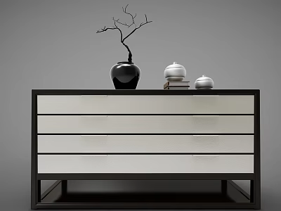 Modern Decorative Cabinet with Drawer Design Black Vase Branch and White Jars 3d model