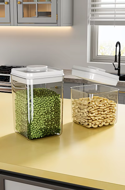 Transparent Square Ceramic Storage Containers With Airtight Lids For Beans And Snacks On Kitchen Countertop 3d model