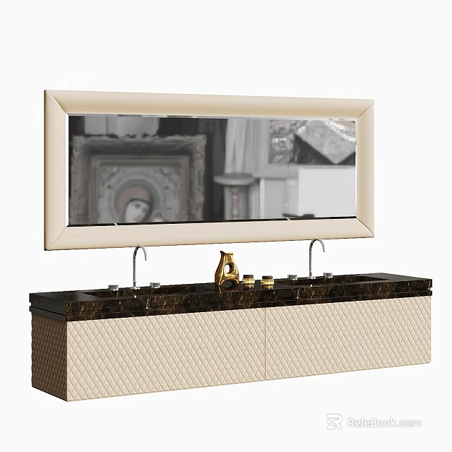 Bathroom Vanity Cabinet With Large Framed Mirror Beige Textured Doors Dark Countertop Faucet Decorative Items 3d model 